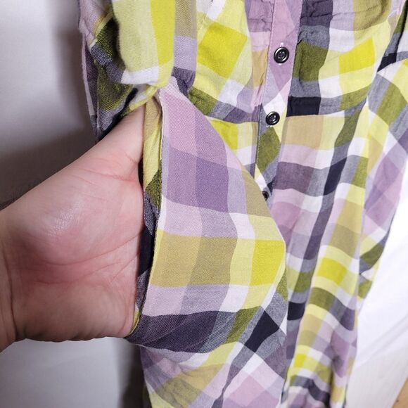 Torrid Midi Dress 0X Plaid Purple, Green Challis Button Front - Picture 4 of 9